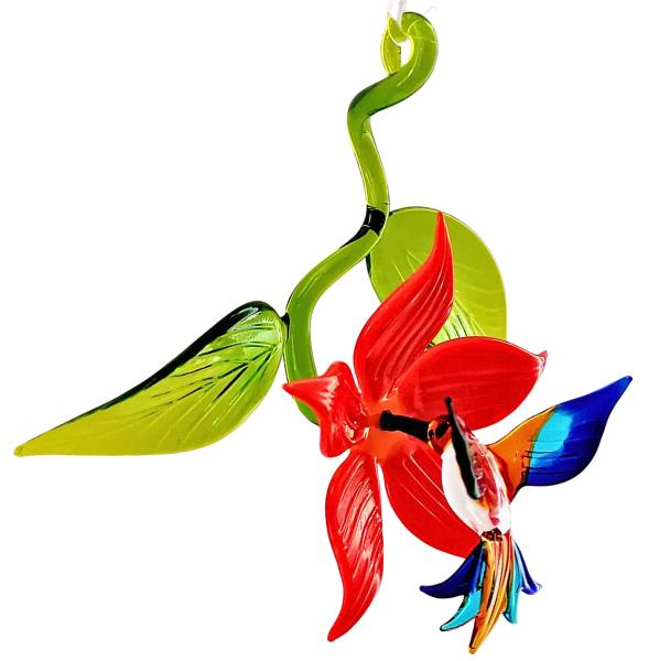 Kolibri in Blüte mit Blatt, hängend (Blüte:rot / Kolibri:braun-hellblau-blau)